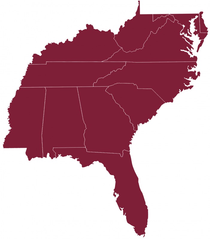 Map of the Mid-Atlantic and Southeastern states served in person.