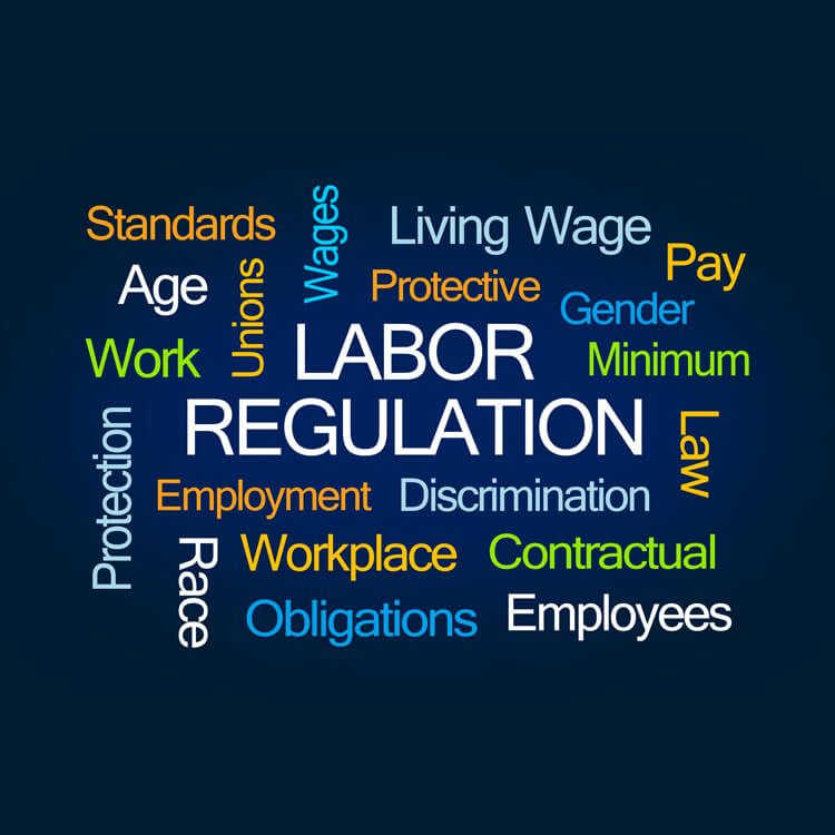 Word cloud of labor regulation and workplace employment terms.